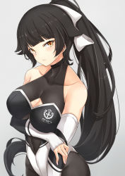 Rule 34 | 1girl, alternate costume, arm under breasts, asya, azur lane, bare shoulders, black hair, black pantyhose, blush, bow, breasts, brown eyes, cleavage, cleavage cutout, closed mouth, clothes writing, clothing cutout, collarbone, commentary request, covered collarbone, elbow gloves, fingerless gloves, gloves, hair bow, head tilt, highres, large breasts, leotard, long hair, looking at viewer, pantyhose, ponytail, ribbon, sidelocks, solo, takao (azur lane), takao (full throttle charmer) (azur lane), tsurime, very long hair, white bow, white ribbon