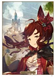 Rule 34 | 1girl, :d, ahoge, artist name, artist request, black cape, blush, breasts, brown eyes, brown hair, cape, card (medium), character name, cleavage, day, diantha (granblue fantasy), floating hair, granblue fantasy, hair ornament, highres, long hair, looking at viewer, medium breasts, open mouth, outdoors, page number, smile, solo, upper body