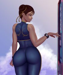 Rule 34 | 1girl, absurdres, alternate costume, ass, bad id, bad pixiv id, bare shoulders, bodysuit, brown eyes, brown hair, capcom, chun-li, commentary, curvy, double bun, eating, english commentary, food, hair bun, highres, looking at viewer, looking back, skin tight, sleeveless, solo, standing, street fighter, street fighter zero (series), studded bracelet, thighs, vending machine, zaki (zaki btw)