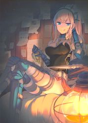 Rule 34 | 1girl, :q, armor, bed, belt, blonde hair, blue eyes, breasts, crossed legs, gauntlets, greaves, head rest, headgear, jewelry, lantern, licking lips, long hair, naughty face, necklace, on bed, original, paper, pendant, ponytail, reia, sitting, solo, thigh strap, tongue, tongue out