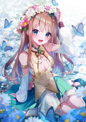 Rule 34 | 1girl, :d, absurdres, aqua footwear, aqua skirt, arm up, aroma asamiya, blue eyes, blue flower, blush, breasts, brown hair, bug, butterfly, cleavage cutout, clothing cutout, commentary, detached sleeves, eumi 114, flower, full body, green brooch, high heels, highres, indie virtual youtuber, insect, long hair, long sleeves, looking at viewer, medium breasts, official art, open mouth, parted bangs, pink sash, pleated skirt, puffy sleeves, sash, sitting, skirt, smile, solo, symbol-only commentary, virtual youtuber, white flower, yokozuwari