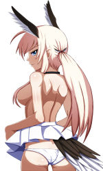 Rule 34 | 1girl, arobiro, ass, bad id, bad pixiv id, bare shoulders, blue eyes, blush, breasts, butt crack, hair censor, hair over breasts, hanna-justina marseille, head wings, long hair, medium breasts, panties, pantyshot, pink hair, ponytail, sideboob, skirt, smile, solo, strike witches, tail, underwear, upskirt, white background, white panties, wings, witches of africa, world witches series