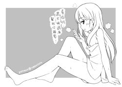 Rule 34 | 1girl, bare arms, bare legs, bare shoulders, barefoot, blush, cellphone, chinese text, grey background, greyscale, hair between eyes, hatsunatsu, holding, holding phone, long hair, monochrome, naked towel, original, parted lips, phone, profile, sitting, solo, towel, translation request, two-tone background, very long hair, wet, white background