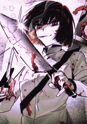 Rule 34 | 1girl, black hair, blood, blood on clothes, blood on face, bloody weapon, chef, closed mouth, gapamopa, highres, holding, holding knife, jacket, katana, kitchen knife, knife, limbus company, long sleeves, project moon, red eyes, ryoshu (project moon), sheath, sheathed, short hair, smile, solo, sword, upper body, weapon, white jacket