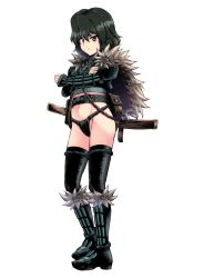 Rule 34 | 1girl, arm guards, black hair, black thighhighs, boots, cape, crop top, crossed arms, full body, fundoshi, fur trim, japanese clothes, kouno hikaru, looking at viewer, navel, ninja, original, red eyes, short hair, solo, thighhighs, white background
