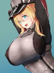 Rule 34 | 1girl, arms up, blonde hair, blue eyes, blush, breasts, covered erect nipples, hat, highres, huge breasts, kantai collection, nipples, oekakizuki, open mouth, prinz eugen (kancolle), smile, surprised