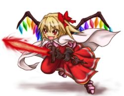 Rule 34 | 1girl, adapted costume, blonde hair, boots, cape, chibi, crystal, dress, fang, female focus, final fantasy, final fantasy tactics, fire, flandre scarlet, full body, gloves, hozenkakari, knight (fft), laevatein, lowres, red eyes, short hair, side ponytail, solo, sword, touhou, weapon, white background, wings