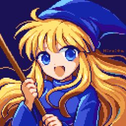 Rule 34 | 1girl, blonde hair, blue background, blue eyes, blue headwear, blue robe, broom, hiroita, holding, holding broom, looking at viewer, lowres, madou monogatari, open mouth, pixel art, puyopuyo, robe, signature, solo, upper body, witch, witch (puyopuyo)