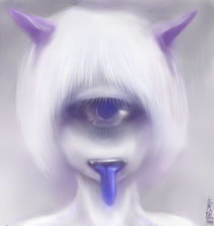 Rule 34 | aouji, bad id, bad pixiv id, character request, creepy, cyclops, horns, horror (theme), monochrome, monster girl, one-eyed, purple theme, short hair, solo, tongue