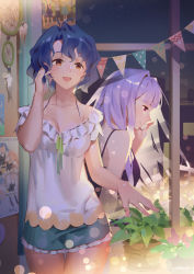 Rule 34 | 10s, 2girls, banner, blouse, blue hair, blunt bangs, breasts, brown eyes, cellphone, dream catcher, frills, hairband, holding, holding phone, idolmaster, idolmaster (classic), idolmaster million live!, lamier, large breasts, legs together, light particles, long hair, looking at viewer, looking away, medium breasts, miniskirt, multiple girls, open mouth, pennant, phone, plant, poster (object), potted plant, profile, purple eyes, purple hair, shijou takane, shirt, short hair, silver hair, skirt, sleeveless, smile, spaghetti strap, standing, string of flags, talking on phone, toyokawa fuka, wavy hair, white shirt