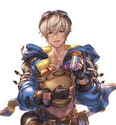 Rule 34 | 1boy, bag, belt, black gloves, blue eyes, blue jacket, bottle, candy, collarbone, dark-skinned male, dark skin, fingerless gloves, food, gift, glass bottle, gloves, goggles, goggles on head, granblue fantasy, grey eyes, holding, jacket, joel (granblue fantasy), looking at viewer, male focus, navel, official art, open clothes, open mouth, solo, transparent background, white day, white hair