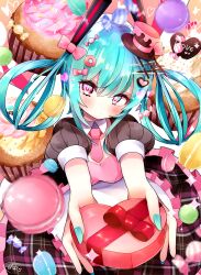 Rule 34 | 1girl, absurdres, apron, blush, box, breasts, candy, candy hair ornament, chocolate hair ornament, cleavage, cupcake, detached collar, dress, fingernails, food, food-themed hair ornament, from above, hair ornament, hat, hatsune miku, heart, heart-shaped box, heart hair ornament, highres, koyubisennti, long fingernails, looking at viewer, macaron, medium breasts, mini hat, mini top hat, nail polish, necktie, outstretched arms, pink eyes, plaid, plaid dress, power symbol-shaped pupils, puffy short sleeves, puffy sleeves, short sleeves, solo, symbol-shaped pupils, top hat, twintails, valentine, vocaloid, waist apron, whisk, wrapped candy