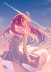 Rule 34 | 1girl, absurdres, ahoge, breasts, collarbone, cowboy shot, dress, floating hair, highres, long hair, looking afar, nyum, original, petals, pink eyes, pink hair, sky, small breasts, solo, standing, sundress, thighs, white dress