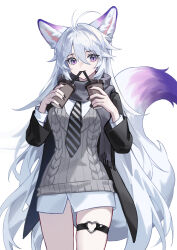 1girl absurdres ahoge animal_ear_fluff animal_ears black_jacket black_nails breasts cowboy_shot double-parted_bangs drink drinking_straw drinking_straw_in_mouth extra_ears eyelashes fox_ears fox_girl fox_tail grey_scarf hair_between_eyes heart highres holding holding_drink jacket kirby_d_a long_bangs long_hair looking_at_viewer medium_breasts multicolored_hair nail_polish necktie no_pants original purple_eyes purple_hair ribbed_sweater scarf shirt slit_pupils smile solo striped_necktie sweater tail thigh_strap untucked_shirt very_long_hair white_background white_hair white_undershirt