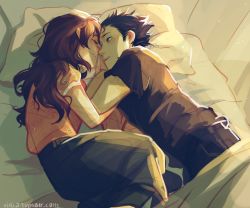 Rule 34 | 10s, 1boy, 1girl, ^ ^, artist name, bed, black eyes, black hair, blanket, blush, brown hair, closed eyes, couple, face-to-face, hand on another&#039;s cheek, hand on another&#039;s face, happy, hetero, imminent kiss, ishida shouya, koe no katachi, long hair, looking at another, lying, nishimiya shouko, on bed, on side, parted lips, pillow, profile, short sleeves, skirt, smile, spiked hair, viria13, watermark, web address