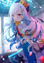 Rule 34 | 1girl, bird, black gloves, blue hair, braid, closed mouth, concert, confetti, dress, gift, gloves, hat, holding, holding gift, lize helesta, long hair, looking at viewer, looking back, multicolored hair, nijisanji, purple eyes, shigure ui, short sleeves, smile, solo, standing, virtual youtuber, white hair