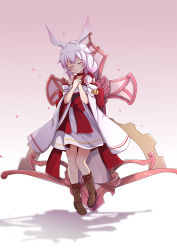 Rule 34 | 1girl, animal ears, bare shoulders, boots, brown footwear, closed eyes, closed mouth, cross (weapon), fox ears, full body, hair between eyes, hands on own chest, highres, honkai (series), honkai impact 3rd, japanese clothes, kimono, petals, pink hair, pink kimono, qingye ling, side ponytail, smile, solo, theresa apocalypse, theresa apocalypse (sakuno rondo)