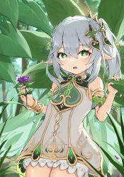 Rule 34 | 1girl, :o, bare shoulders, bloomers, braid, cowboy shot, dress, elf, flower, forest, genshin impact, grass, green eyes, hair ornament, highres, holding, holding flower, leaf, looking at viewer, nahida (genshin impact), nature, open mouth, outdoors, pointy ears, sidelocks, solo, symbol-shaped pupils, underwear, white bloomers, white dress, white hair, xiao xiao tian