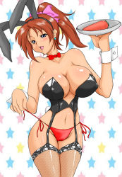 Rule 34 | 1girl, animal ears, bare shoulders, blue eyes, breasts, brown hair, rabbit ears, rabbit tail, cameltoe, carrot, curvy, earrings, covered erect nipples, female focus, fishnets, garter straps, hair ornament, hair ribbon, highres, huge breasts, jewelry, navel, open mouth, panties, ponytail, rabbit girl, rai on (abc3639), red panties, ribbon, short ponytail, solo, standing, string panties, tail, thighhighs, underwear, waitress