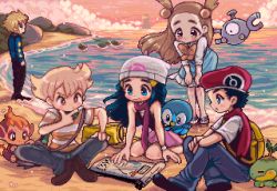 Rule 34 | 3girls, 4boys, akari (pokemon), animated, animated gif, backpack, bag, barry (pokemon), beach, beanie, black footwear, blonde hair, blue eyes, blue hair, blue jacket, blush, brown eyes, brown footwear, brown hair, chimchar, christy frisby, closed mouth, creatures (company), dawn (pokemon), duffel bag, eyelashes, floating scarf, game freak, gen 1 pokemon, gen 4 pokemon, green scarf, grey pants, hair bobbles, hair ornament, hairclip, hand on own chin, hat, head scarf, holding, holding poke ball, jacket, jasmine (pokemon), leaning forward, long hair, looking down, looping animation, lucario, lucas (pokemon), magnemite, multiple boys, multiple girls, nintendo, outdoors, pants, piplup, pixel art, poke ball, poke ball (legends), pokemon, pokemon (creature), pokemon dppt, pokemon hgss, pokemon legends: arceus, red headwear, red scarf, rei (pokemon), sand, scarf, shoes, shore, sidelocks, sitting, standing, starter pokemon trio, stroking own chin, turtwig, volkner (pokemon), water, yellow bag