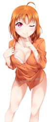 Rule 34 | 1girl, ;), ahoge, artist name, blush, bra, breasts, cleavage, closed mouth, clothes pull, collarbone, collared shirt, contrapposto, cowboy shot, dress shirt, eyelashes, finger to mouth, fingernails, flashing, gluteal fold, highres, index finger raised, lace, lace-trimmed bra, lace trim, legs apart, long fingernails, long sleeves, looking at viewer, love live!, love live! school idol festival, love live! sunshine!!, medium breasts, medium hair, nail polish, one eye closed, orange eyes, orange shirt, pink lips, pink nails, pink ribbon, pulled by self, purple eyes, ribbon, ribbon bra, shiny skin, shirt, shirt pull, short hair, shushing, simple background, smile, solo, standing, surfing orange, takami chika, unbuttoned, unbuttoned shirt, underwear, white background