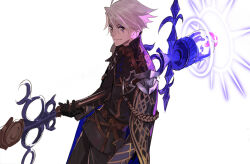 Rule 34 | 1boy, ahoge, black eyes, black gloves, brown capelet, cape, capelet, cowboy shot, facial mark, fate/grand order, fate (series), gloves, holding, holding staff, james moriarty (ruler) (fate), long sleeves, looking at viewer, male focus, pako (pakosun), short hair, shoulder pads, simple background, smile, solo, staff, white background, white hair