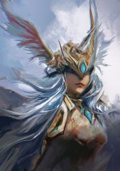 Rule 34 | 1girl, armor, breastplate, covered eyes, facing viewer, fake horns, faux traditional media, final fantasy, final fantasy xiv, grey background, halone (ff14), helmet, highres, horned helmet, horns, long hair, norino (106592473), painterly, portrait, realistic, solo, straight hair, white hair, winged helmet