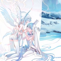 Rule 34 | 2girls, angel, angel wings, ankle wings, ass, aurora, back, bare shoulders, blush, breasts, crown, detached collar, dress, feathers, full body, grey eyes, hair ornament, highres, holding hands, interlocked fingers, kaede (shijie heping), kneeling, leg wings, long hair, looking at another, low wings, multiple girls, multiple wings, night, night sky, original, pantyhose, parted lips, seraph, short shorts, shorts, sitting, sky, sleeveless, sleeveless dress, small breasts, snow, star (sky), starry sky, tearing up, thighhighs, tiara, twintails, very long hair, water, white dress, white hair, white legwear, white shorts, white wings, wings