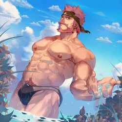 Rule 34 | 1boy, abs, bara, bare pectorals, black male swimwear, black swim briefs, bulge, cloud, cloudy sky, cowboy shot, facial hair, goatee, headband, large pectorals, leaf, male focus, male swimwear, manly, muscular, mustache, navel, navel hair, nipples, outdoors, pectorals, plant, red eyes, red hair, roger (sdorica), rybiok, sdorica, short hair, sideburns, sky, solo, swim briefs, swimsuit, thick thighs, thighs, water, wet