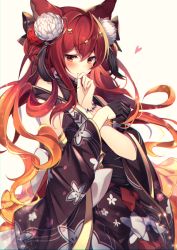 Rule 34 | 1girl, animal ears, anthuria, bare shoulders, black gloves, black kimono, blush, bracelet, breasts, covered mouth, cowboy shot, detached sleeves, erune, flower, gloves, granblue fantasy, hair between eyes, hair flower, hair ornament, half gloves, homaderi, japanese clothes, jewelry, kimono, large breasts, long hair, looking at viewer, red eyes, red hair, sidelocks, single half glove, solo