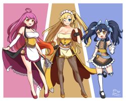 Rule 34 | 3girls, :d, ;d, absurdres, ahoge, apron, arm warmers, armband, bare shoulders, basukechi, black footwear, black hair, blonde hair, blue bow, blue eyes, bow, breasts, cleavage, dragalia lost, duster, earrings, feather duster, flat chest, gloves, gradient hair, grin, hair bow, halterneck, hand on own hip, highres, holding, holding tray, jewelry, kneehighs, large breasts, long hair, looking at viewer, multicolored hair, multiple girls, one eye closed, open mouth, orange hair, pantyhose, pink hair, ramona (dragalia lost), red footwear, rena (dragalia lost), renee (dragalia lost), sidelocks, simple background, skirt hold, smile, socks, standing, tray, twintails, twitter username, white gloves, white legwear, wrist cuffs, yellow eyes, yellow footwear