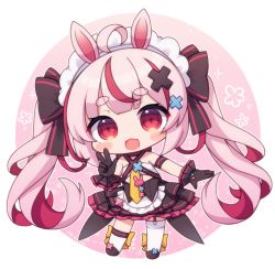 Rule 34 | 1girl, :d, ahoge, animal ears, bare shoulders, black bow, black footwear, black gloves, black skirt, blush stickers, bow, chibi, commentary request, floral background, frilled skirt, frills, full body, garter straps, gloves, hair bow, hair ornament, highres, indie virtual youtuber, kneehighs, layered skirt, long hair, looking at viewer, multicolored hair, open mouth, pink background, pink hair, pleated skirt, rabbit ears, red eyes, red hair, rensei, shoes, short eyebrows, single kneehigh, single sock, single thighhigh, skirt, smile, socks, solo, standing, streaked hair, thick eyebrows, thighhighs, tomari mari, twintails, two-tone background, v, very long hair, virtual youtuber, white background, white thighhighs, x hair ornament