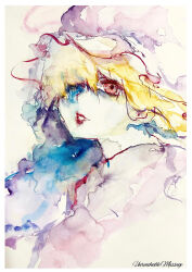 Rule 34 | 1girl, blonde hair, commentary request, dress, hair over one eye, hat, highres, long hair, looking at viewer, maribel hearn, mob cap, painting (medium), portrait, red eyes, red lips, simple background, solo, touhou, traditional media, upper body, watercolor (medium), white background, white dress, white hat, yanyanman