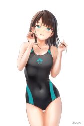 Rule 34 | 1girl, black hair, black one-piece swimsuit, breasts, competition swimsuit, covered navel, cowboy shot, green eyes, highres, logo, medium hair, one-piece swimsuit, original, simple background, small breasts, solo, standing, swept bangs, swimsuit, thigh gap, white background, yuluvine