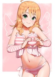 Rule 34 | 1girl, bare shoulders, blonde hair, bra, breasts, commentary request, detached sleeves, green eyes, hair between eyes, heart, heart-shaped boob challenge, heart hands, hoshii miki, idolmaster, idolmaster (classic), lingerie, long hair, looking at viewer, medium breasts, nail polish, navel, panties, pettan p, pink nails, revision, smile, solo, stomach, striped bra, striped clothes, striped panties, striped sleeves, underwear, underwear only