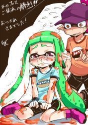 Rule 34 | 1boy, 2girls, baseball cap, blush, bowl, bread, bread slice, callie (splatoon), crying, crying with eyes open, food, food in mouth, frown, green hair, hat, inkling, inkling boy, inkling girl, inkling player character, long hair, monster boy, monster girl, mouth hold, multiple girls, navel, nintendo, orange eyes, pointy ears, purple eyes, red eyes, rice, rice bowl, shirotake jinan, shirt, simple background, sitting, snot, splatoon (series), splatoon 1, super soaker, tears, tentacle hair, toast, toast in mouth, translation request, wavy mouth