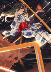 Rule 34 | 1girl, :d, back bow, bow, brown eyes, brown hair, cloud, commentary request, fantasy, feet out of frame, floral print, from side, highres, japanese clothes, kimono, kurokin, long hair, long sleeves, night, night sky, obi, open mouth, original, outdoors, print kimono, red bow, sash, sky, smile, solo, orb, standing, swing, white kimono, wide sleeves, yukata