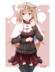 Rule 34 | 1girl, alternate costume, baileys (tranquillity650), black thighhighs, blonde hair, breasts, brown sweater, cape, capelet, cleavage, cleavage cutout, clothing cutout, commentary request, fur cape, hair flaps, hair ornament, hair over shoulder, hair ribbon, hairclip, highres, kantai collection, long hair, long sleeves, looking away, medium breasts, open mouth, red eyes, red skirt, ribbon, signature, simple background, skirt, solo, sweater, thighhighs, yuudachi (kancolle), yuudachi kai ni (kancolle)