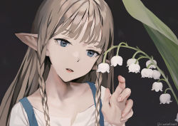 Rule 34 | 1girl, black background, blue eyes, braid, brown hair, collarbone, commentary, elf, english commentary, flower, hand up, head tilt, lily of the valley, long hair, original, parted lips, pointy ears, shirt, simple background, solo, sunako (veera), twin braids, twitter username, upper body, white flower, white shirt
