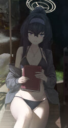 Rule 34 | 1girl, absurdres, bikini, black bikini, black hair, blue archive, blush, book, breasts, grey jacket, hair between eyes, hairband, halo, highres, holding, holding book, jacket, jewelry, kyatto-mikazu, long hair, looking at viewer, official alternate costume, open clothes, open jacket, open mouth, pendant, ponytail, purple eyes, purple hairband, small breasts, solo, swimsuit, ui (blue archive), ui (swimsuit) (blue archive), yellow halo