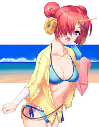 Rule 34 | 1girl, bad id, bad pixiv id, bandaged arm, bandages, beach, bikini, blue bikini, blue eyes, blue sky, breasts, cleavage, cloud, collarbone, cowboy shot, day, detached sleeves, double bun, fate/grand order, fate (series), food, frankenstein&#039;s monster (fate), frankenstein&#039;s monster (swimsuit saber) (fate), frankenstein&#039;s monster (swimsuit saber) (first ascension) (fate), hair bun, hair ornament, hair over one eye, head tilt, headgear, holding, horizon, horns, jacket, kinata 1, looking at viewer, navel, ocean, open mouth, pink hair, popsicle, short hair, side-tie bikini bottom, single detached sleeve, single horn, sky, sleeves past wrists, small breasts, solo, standing, stomach, swimsuit, swimsuit cover-up, white background, yellow jacket