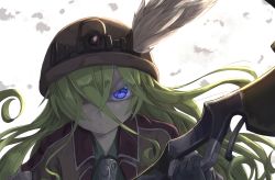 Rule 34 | &gt;:(, 10s, 1girl, black gloves, blonde hair, blue eyes, closed mouth, collared shirt, colored eyelashes, commentary, frown, gloves, glowing, glowing eyes, green shirt, hair over one eye, hat feather, head tilt, highres, hikari niji, holding, long hair, looking at viewer, lyza (made in abyss), made in abyss, mining helmet, pickaxe, shirt, solo, upper body, v-shaped eyebrows, whistle, white background, wing collar