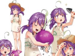 Rule 34 | 1girl, ahoge, blush, bracelet, child, crying, crying with eyes open, dress, drooling, female focus, fingers together, food, happy tears, hat, highres, holding, holding food, jewelry, looking at viewer, ludo0109, onion, open mouth, original, pointy ears, purple eyes, purple footwear, purple hair, sandals, short dress, simple background, solo, standing, straw hat, tareme, tears, trowel, twintails, white background