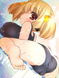 Rule 34 | 1girl, ass, blush, breasts, cameltoe, cleft of venus, fat mons, feet, highres, large breasts, looking at viewer, looking back, multiple girls, one-piece swimsuit, original, spread legs, suzune rai, swimsuit, twintails