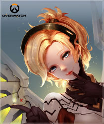Rule 34 | 1girl, :p, absurdres, black gloves, blonde hair, blue eyes, bodysuit, copyright name, earrings, emblem, eyelashes, gloves, glowing, glowing wings, hair ornament, hair tie, halo, high collar, highres, jewelry, kiyomasa ren, lips, lipstick, logo, looking at viewer, makeup, mechanical halo, mechanical wings, mercy (overwatch), overwatch, overwatch 1, pink lips, ponytail, single earring, solo, spread wings, tongue, tongue out, turtleneck, upper body, wings, yellow wings