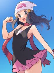 Rule 34 | 1girl, bare legs, beanie, blush, border, breasts, closed mouth, clothes lift, creatures (company), dawn (pokemon), eyelashes, game freak, grey eyes, hair ornament, hairclip, hat, highres, index finger raised, looking at viewer, nintendo, outside border, pink scarf, pokemon, pokemon dppt, ririmon, scarf, shiny skin, skirt, skirt lift, smile, solo, white border, white hat