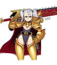 Rule 34 | 1girl, armor, belt, belt buckle, bikini armor, breasts, buckle, cape, chainsaw, closed mouth, contrapposto, furrowed brow, gauntlets, genderswap, genderswap (mtf), gold armor, gold trim, gun, hand on own hip, highres, holding, holding weapon, huge weapon, imperial fists, imperium of man, over shoulder, pauldrons, power armor, primarch, rogal dorn, ryuusei (mark ii), short eyebrows, short hair, short twintails, shoulder armor, signature, small breasts, solo, standing, storm&#039;s teeth, sword, sword over shoulder, thighhighs, twintails, underboob, warhammer 40k, weapon, weapon over shoulder, white background, white hair, yellow eyes