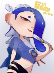Rule 34 | 1girl, 2022, arched back, arms behind back, blue hair, chest sarashi, dated, earrings, eyeliner, fangs, flat chest, folded fan, folding fan, groin, hachimaki, hair over one eye, hand fan, hand up, headband, highres, holding, holding fan, jewelry, long hair, makeup, mani m, multiple earrings, navel, nejiri hachimaki, nintendo, octoling, open mouth, poncho, red eyes, sarashi, see-through, shiver (splatoon), solo, splatoon (series), splatoon 3, suction cups, tentacle hair