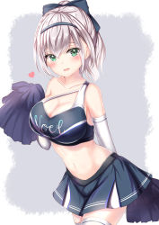 Rule 34 | 1girl, alternate costume, arm warmers, bare shoulders, black shirt, black skirt, bow, breasts, cheerleader, cleavage, collarbone, cowboy shot, crop top, green eyes, hair bow, hairband, hand up, heart, highres, holding, hololive, large breasts, long hair, looking at viewer, midriff, miniskirt, mole, mole on breast, navel, open mouth, pleated skirt, pom pom (cheerleading), ponytail, shirogane noel, shirt, silver hair, skirt, sleeveless, sleeveless shirt, solo, standing, stomach, thighhighs, virtual youtuber, white thighhighs, yuano, zettai ryouiki