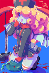 Rule 34 | 1girl, belt, blonde hair, blood, blue background, blue eyes, blue skin, breasts, colored sclera, colored skin, dated, demon wings, fingerless gloves, gloves, hat, highres, long hair, nurse cap, original, rapama, red background, red sclera, simple background, small breasts, solo, striped clothes, striped thighhighs, thighhighs, tongue, tongue out, wings, zettai ryouiki